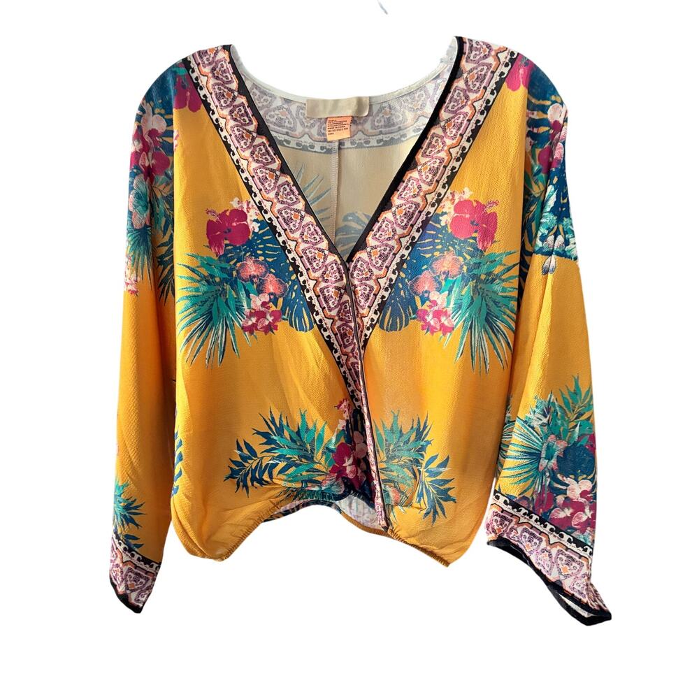 Flying Tomato Boho Tropical Print Blouse Womens XS Mustard Floral Crop Top